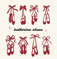 Ballerina shoes icons. Trendy coquette ballet shoes with ribbon and bow. Hanging ballerina shoes.  © yabluko_draws