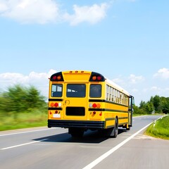 Yellow School Bus Driving on Sunny Country Road, Motion Blur, Back View