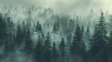 Fototapeta premium A dense forest shrouded in mist, with muted green and gray tones conveying calmness