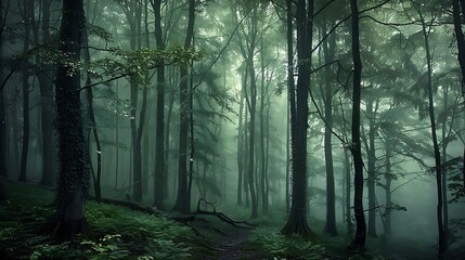 Obraz premium A dense forest shrouded in mist, with muted green and gray tones conveying calmness
