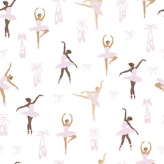 Ballerina dance. Cute ballerina seamless pattern. Simple flat style ballerinas. © yabluko_draws