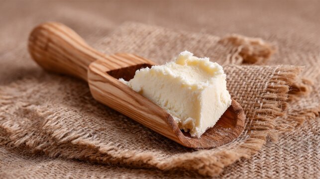 Creamy butter scoop on burlap