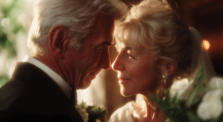 Obraz premium An elderly couple shares a heartfelt moment during their wedding ceremony, joyfully exchanging glances amidst a beautiful arrangement of white flowers, capturing the essence of love and celebration.