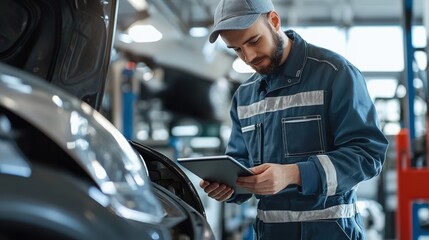 A mechanic in a workshop uses a digital tablet to inspect a car engine, blending technology with traditional auto repair work.
