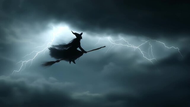 Silhouette witch flying on broomstick through dark night storm with lightning and low hanging clouds creating mysterious eerie atmosphere full of dark clouds and stormy night