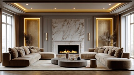 Luxurious living room with fireplace and marble surround