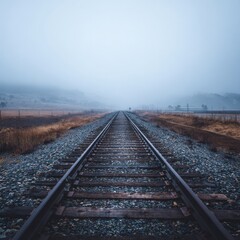 Tranquil Railroad Tracks Leading into Foggy Landscape at Dusk