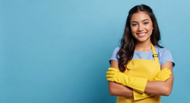 A smiling woman in a yellow apron and gloves ready for cleaning with copy space.