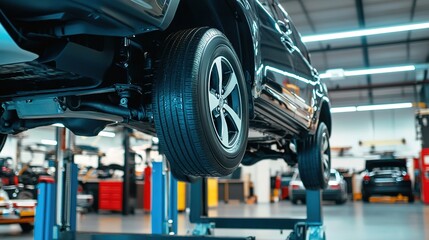 A car is elevated on a hydraulic lift in a spacious, well-lit auto repair workshop with tools and equipment in the background.