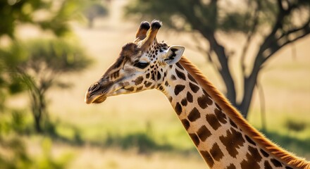 Close-up of a Giraffe's Profile in a Sunny Savanna Setting