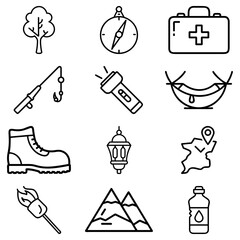 Fototapeta premium Collection of camping and outdoor adventure icons including compass tree mountains and more items for travel