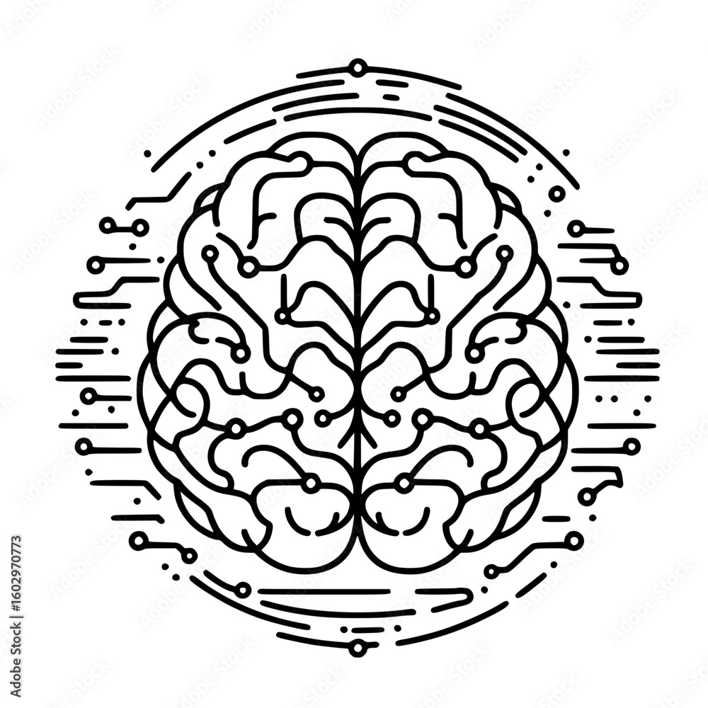 Poster brain illustration in single line outline vector style with digital patterns