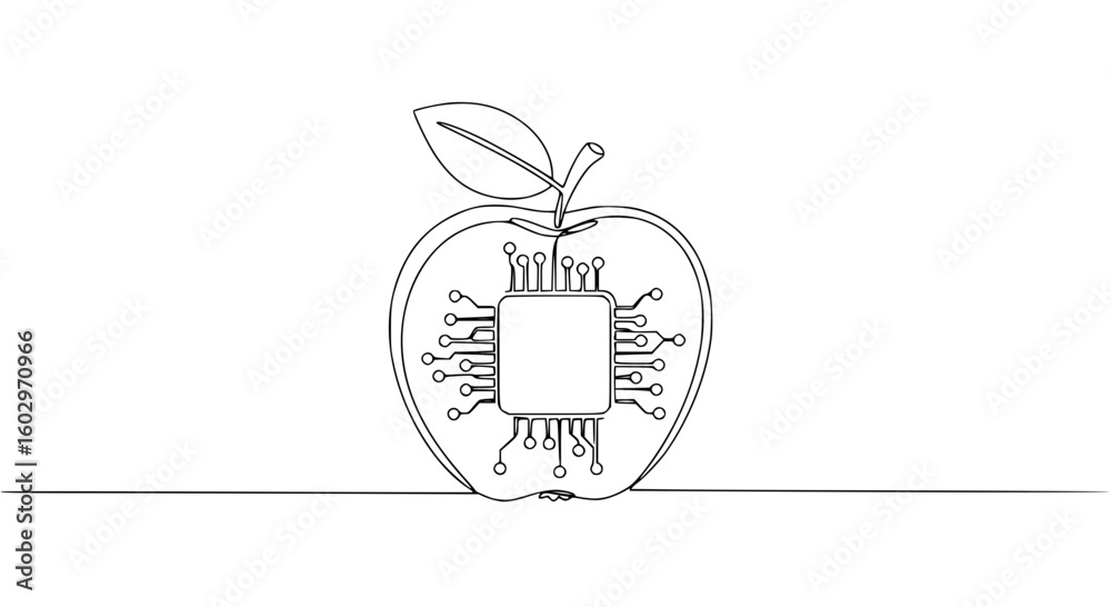 Poster apple with microchip design created in single line outline vector