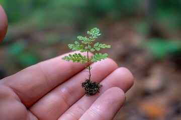 Protecting the future of forestry holding a small seedling in hand, a symbol of growth and sustainability, for environmental conservation projects