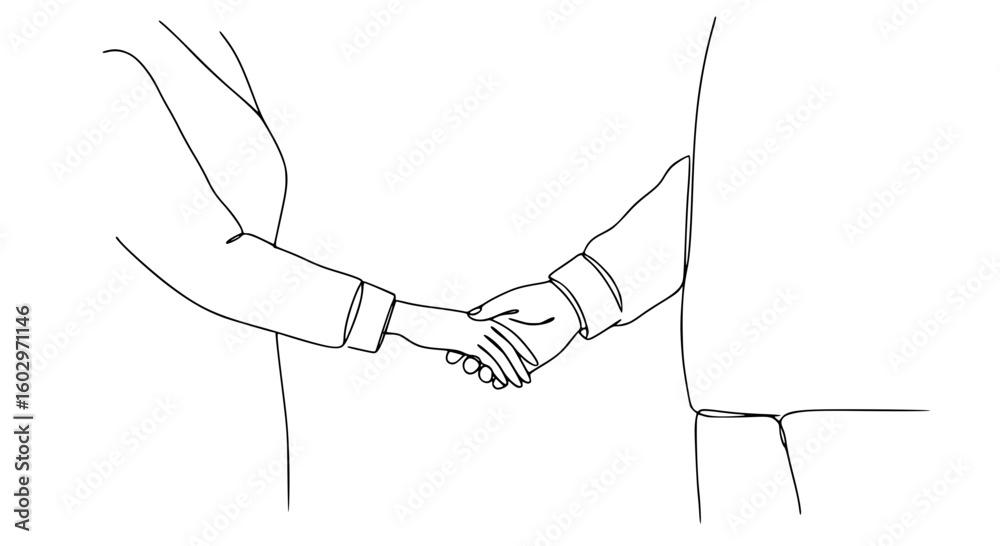 Poster two hands shaking in a simple line outline vector style