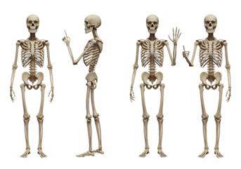 Four human skeletons in various poses isolated on transparent background