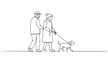 Elderly couple walking a dog in a single line outline vector style  