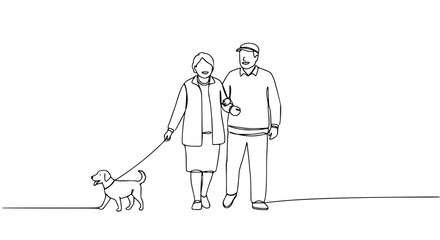 Elderly couple walking a dog together in a simple line drawing  