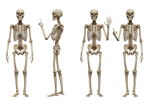Four human skeletons in various poses isolated on transparent background