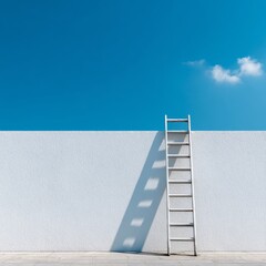 White Wall with Ladder Against Blue Sky and Bright Clouds
