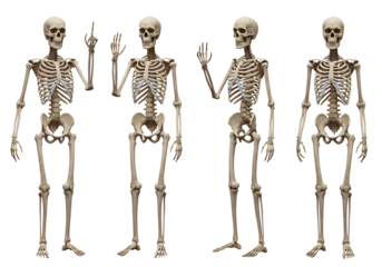 Four human skeletons in different poses isolated on transparent background