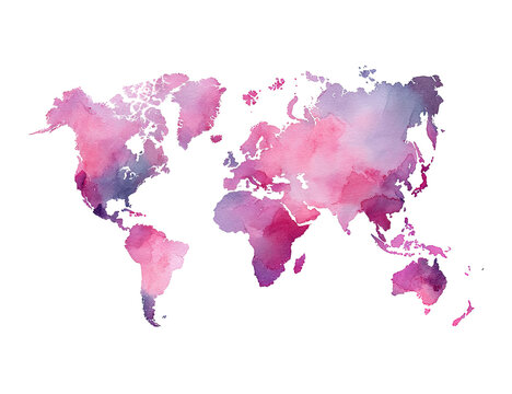 Fototapeta Watercolor world map in soft pinks and purples