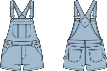 CAD drawing flat vector illustration of denim short overalls with front pocket, back pockets, straps, fashion technical design sketch
