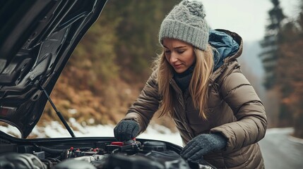 A woman in winter clothing inspects the engine of her car on a cold, forested roadside.