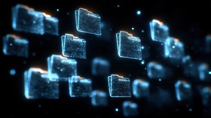 Abstract network grid with files and folders, futuristic software interface, digital document management system, store, search and organize documents, corporate business, paperless office