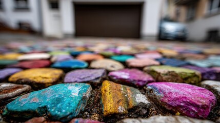 Colorful painted stones create a vibrant pathway.