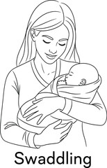 A tender line art illustration shows a mother lovingly holding her swaddled baby, depicting a moment of care and affection, perfect for parenting or newborn themes.