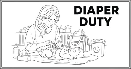 A charming line art illustration showcases a mother lovingly changing her baby's diaper, surrounded by essential baby care items, perfect for parenting resources and educational materials.