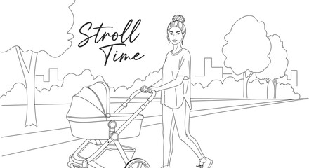 Line art depicts a young woman enjoying a stroll with a baby stroller in a park, showcasing a serene outdoor scene perfect for coloring books or family-themed designs.