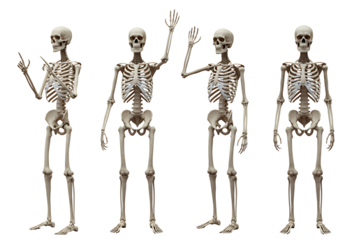 Four human skeletons in different poses isolated on transparent background