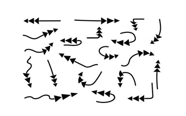 Set of black triple-headed arrows with curved and straight paths pointing in various directions
