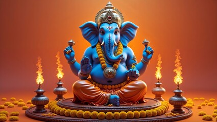 Obraz premium Majestic Blue Ganesha Idol Adorned with Garland and Diyas for Hindu Festival