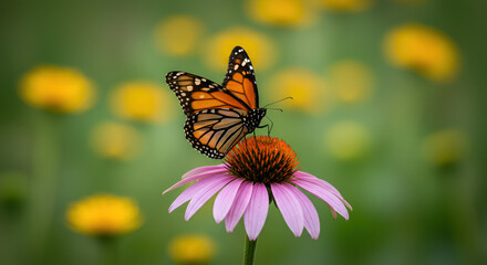 Fototapeta premium Close-up of a delicate Monarch butterfly feeding on a purple coneflower, a vital part of a flourishing pollinator habitat and a serene greenspace in a summer garden.