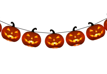 A string of glowing jackolanterns for halloween decoration isolated on transparent background