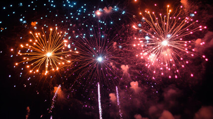 Three fireworks are lit up in the sky, creating a colorful