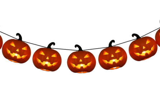 A string of glowing jackolanterns for halloween decoration isolated on transparent background