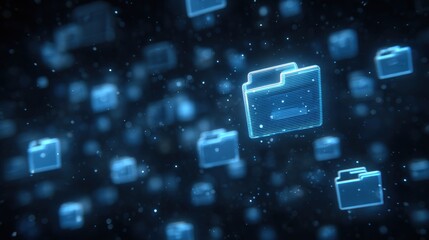 Abstract network grid with files and folders, futuristic software interface, digital document management system, store, search and organize documents, corporate business, paperless office