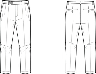 CAD drawing flat vector illustration of formal men’s trousers front and back technical fashion sketch with tailored elegant design