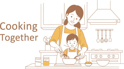 A delightful illustration showcases a mother and child joyfully cooking together in a kitchen, stirring ingredients in a bowl, promoting family time and culinary fun.