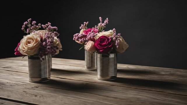 Flowers in Tin Cans on Rustic Table