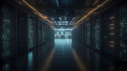 A high-tech data center filled with rows of servers and glowing lights. The scene highlights the backbone of modern cloud computing and digital infrastructure.