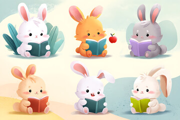 Obraz premium Cute Cartoon Bunnies Reading Books in Playful Scene