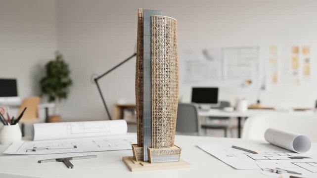 Architectural model of a modern skyscraper on a drafting table in an office setting