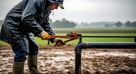 Rural Plumber Working Outdoors in the Rain