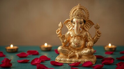 Golden Ganesha Statue with Lit Candles and Red Rose Petals