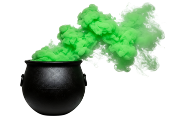 A black cauldron emitting thick green smoke isolated on transparent background